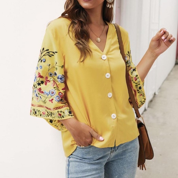 RONNIE Embroidered Sleeve Button down Blouse - Picture 3 of 6